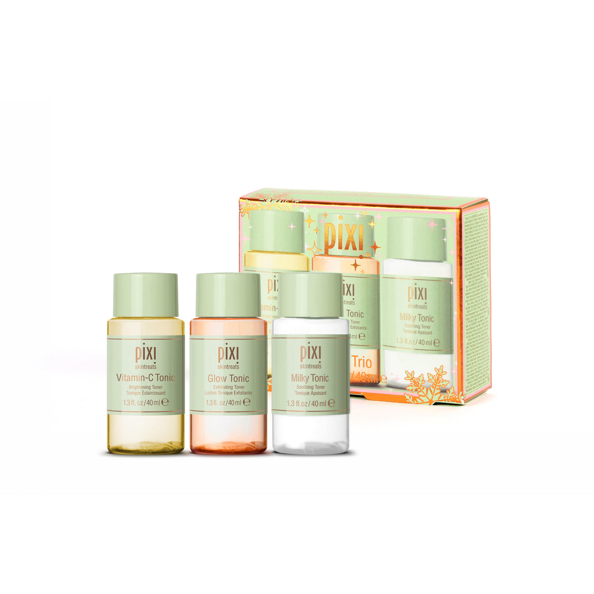 Pixi Trio Tonic set featuring three small tonics Vitamin-C Tonic, Glow Tonic and Milky Tonic bottles with pale green caps in front of a matching light green and orange box on a white background.