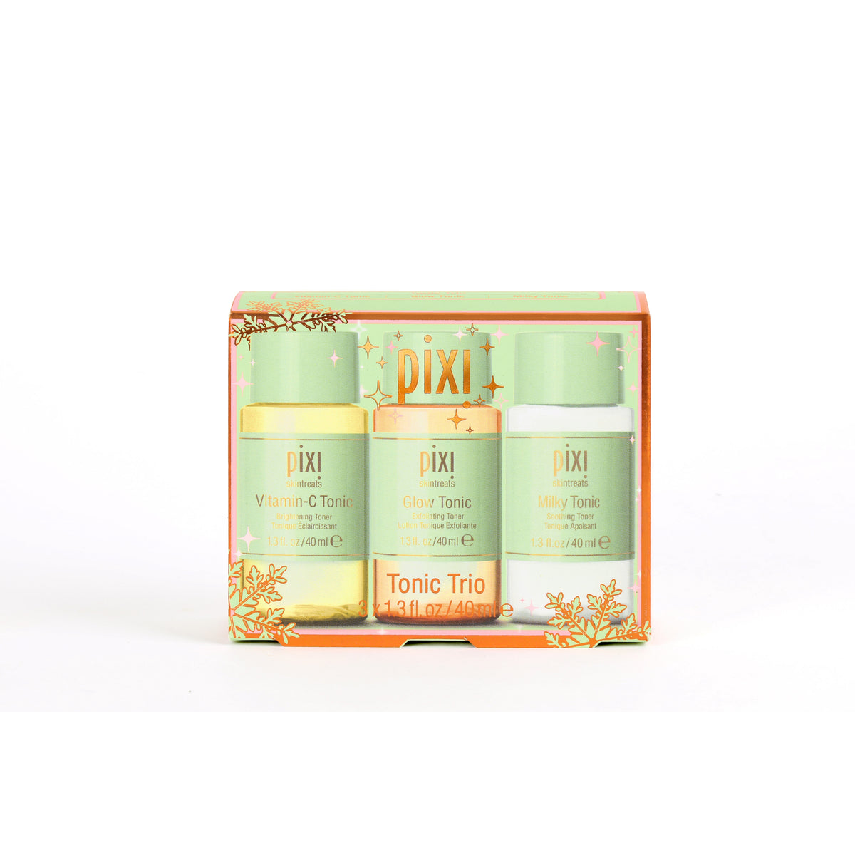 Pixi Tonic Trio gift set in a decorative light green and orange box, containing three 4.7 fl oz (138 ml) bottles: Vitamin-C Tonic, Glow Tonic, and Milky Tonic.