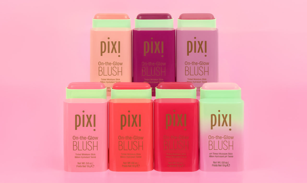 On-the-Glow BLUSH all shades shown on a pink background