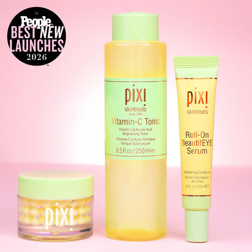 Vitamin-C Trio bundle on a pink background including Vitamin-C CremeSerum, Tonic and Roll-On BeautifEYE Serum. Badge for People's Best New Launches 2026 view 1