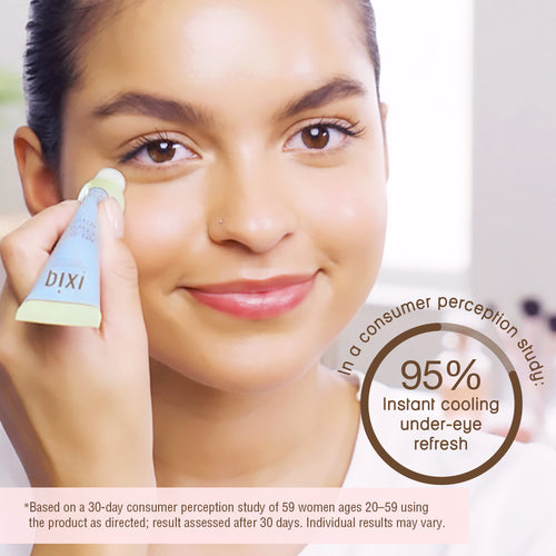A close-up of a woman applying a tube of Pixi Roll-on DetoxifEYE eye serum. The product tube is light blue with a pale yellow-green cap. In a consumer perception study 95% report instant cooling under-eye refresh. *Based on a 30-day consumer perception study of 59 women ages 20-59 using the product as directed; result assessed after 30 days. Individual results may vary. view 2