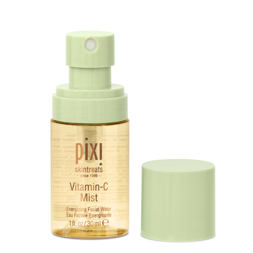 Pixi Skintreats Vitamin-C Mist facial spray bottle with a pale green pump and cap, shown next to its cap on a white background. view 2